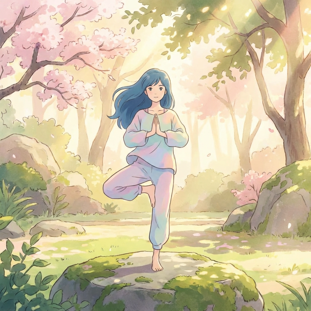 Woman standing on one leg in yoga pose on mossy rock surrounded by trees and flowers