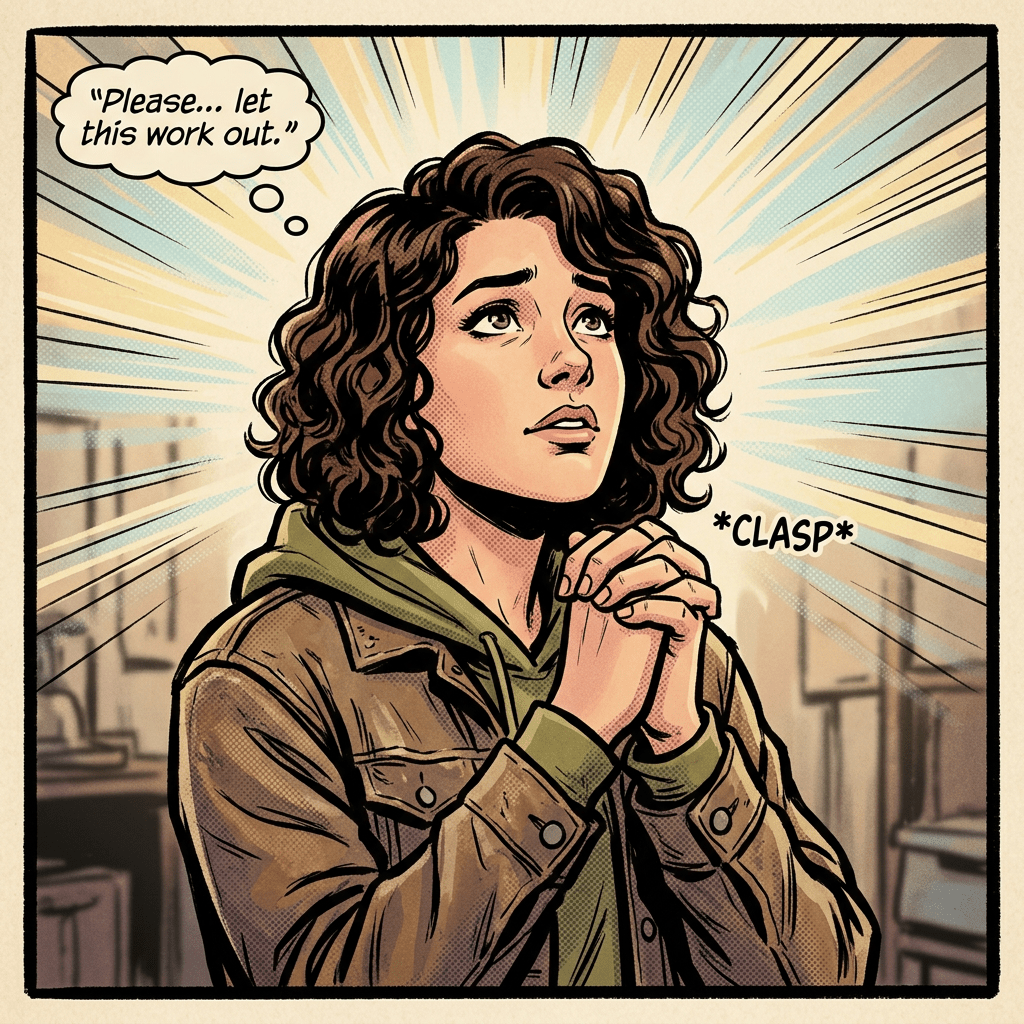 person hoping with hands clasped looking upward