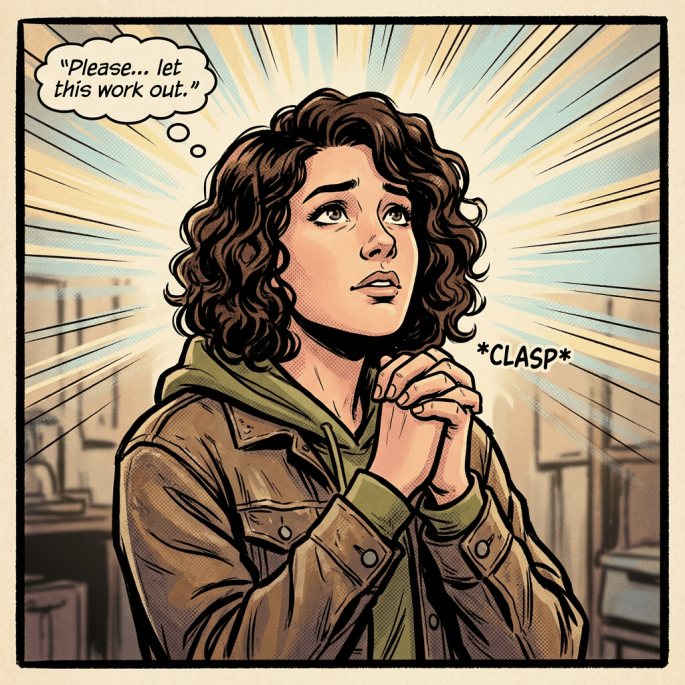 person hoping with hands clasped looking upward