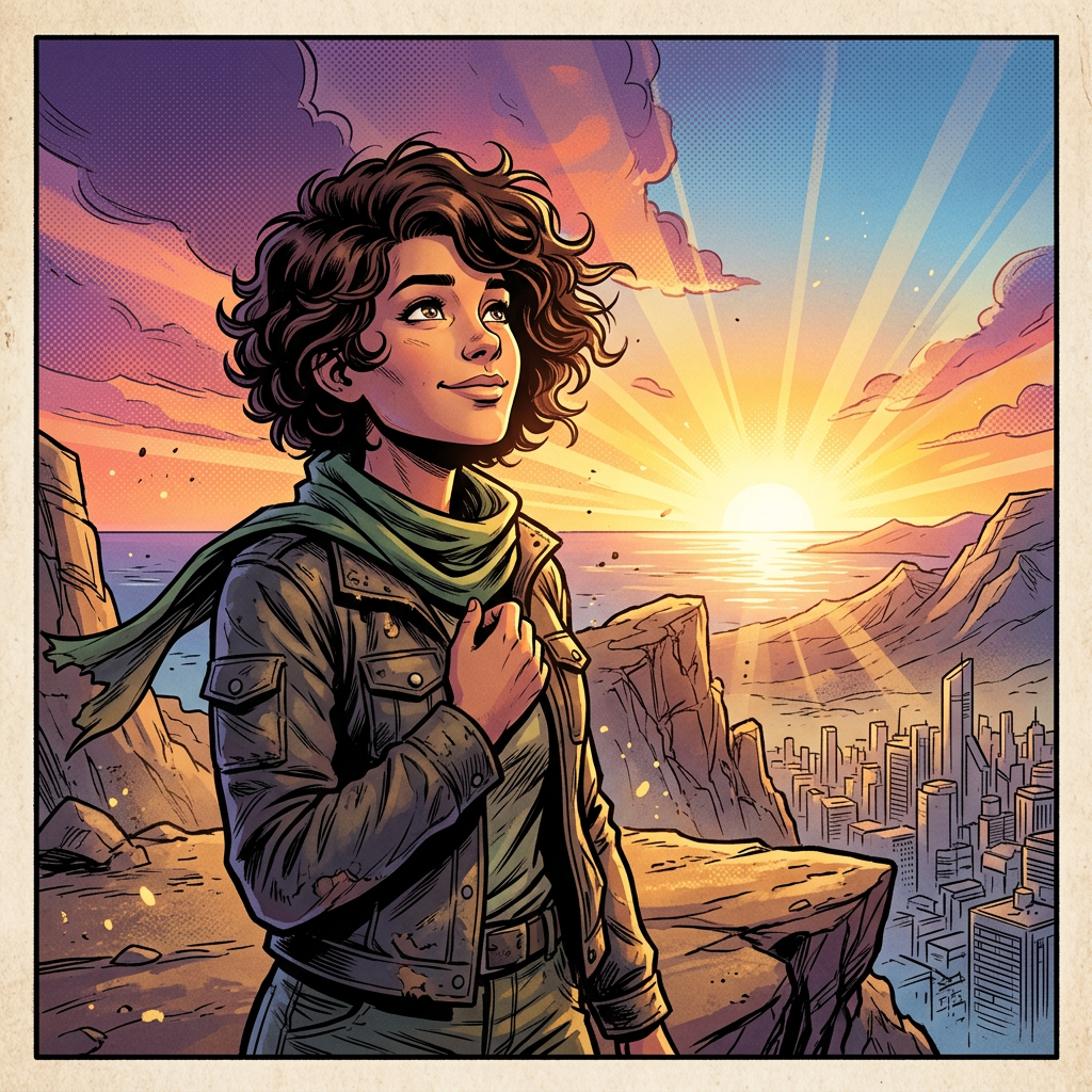 Young woman with curly hair and scarf looking at a vibrant sunset over a city and rugged mountains