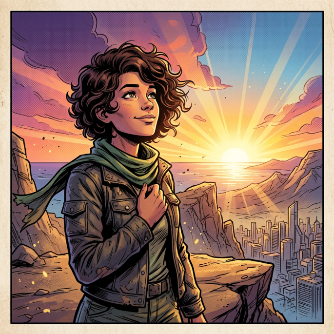 Young woman with curly hair and scarf looking at a vibrant sunset over a city and rugged mountains