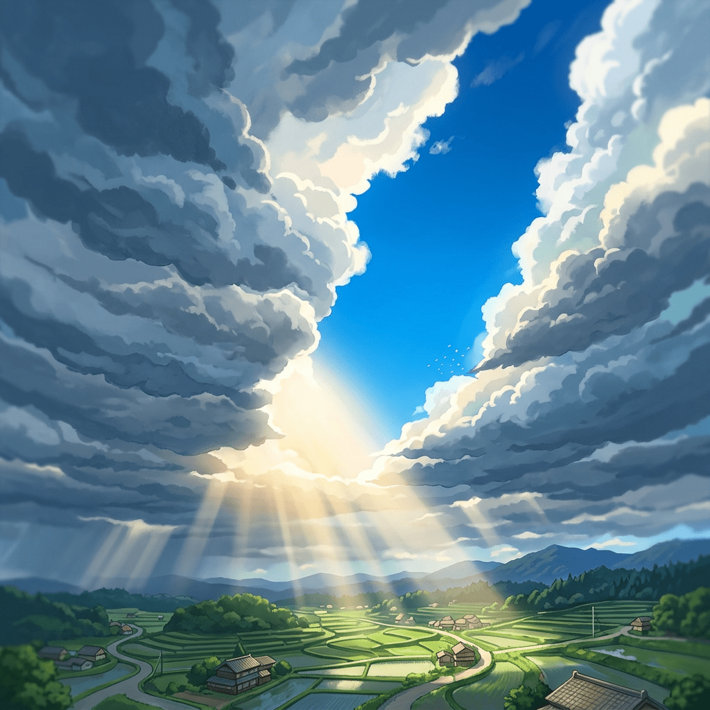 Sunrays breaking through thick clouds above rural landscape with fields and houses
