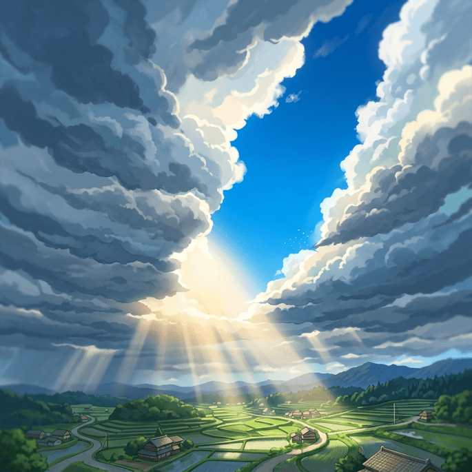 Sunrays breaking through thick clouds above rural landscape with fields and houses
