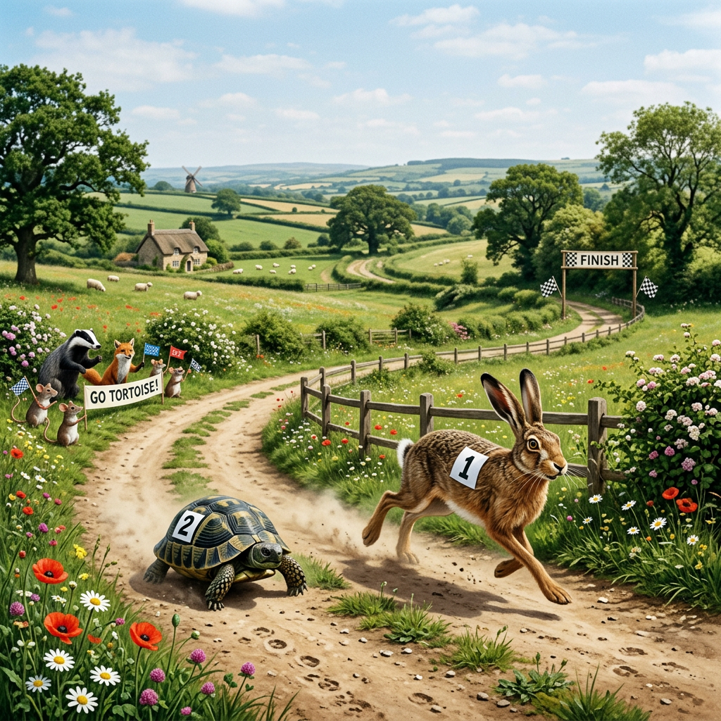 Tortoise and hare racing on countryside dirt path with finish line and cheering animals