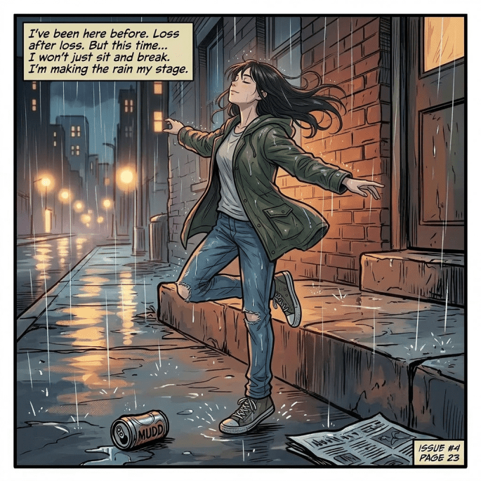 Person sitting on city street curb in rain with head in hands, surrounded by wet ground and trash