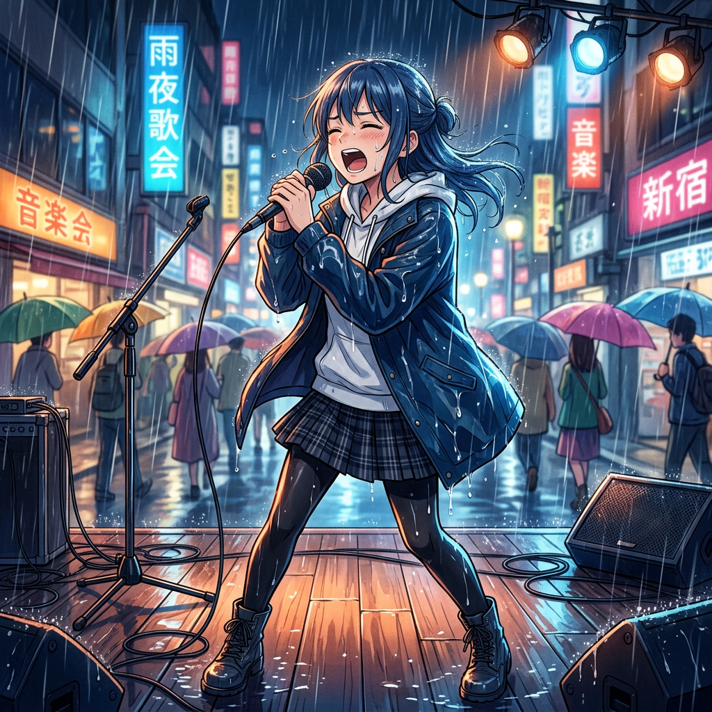 Woman singing in the rain