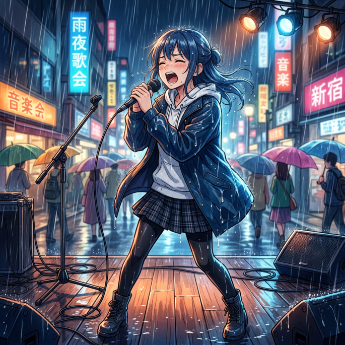 Woman singing in the rain