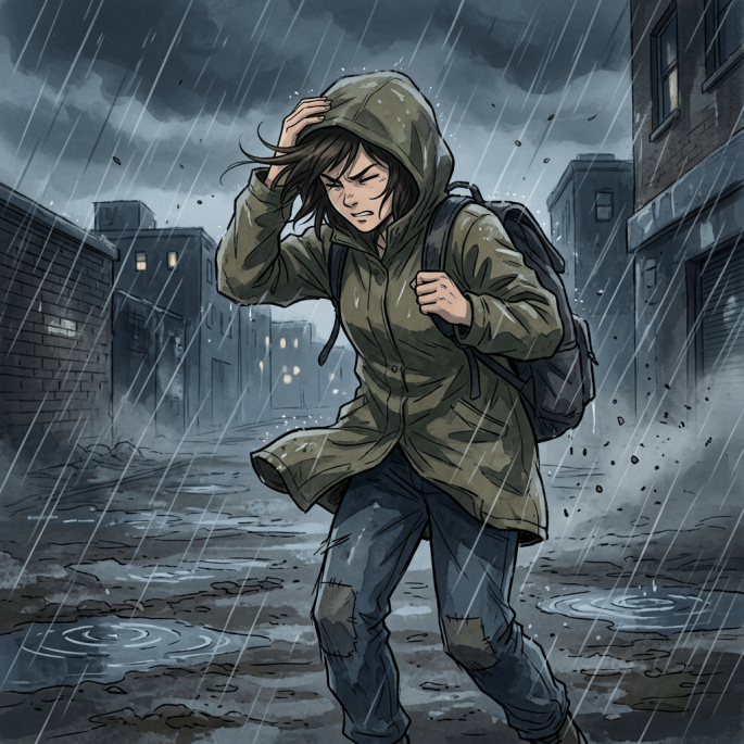 Woman in raincoat with hood battling rain and wind in a city alley