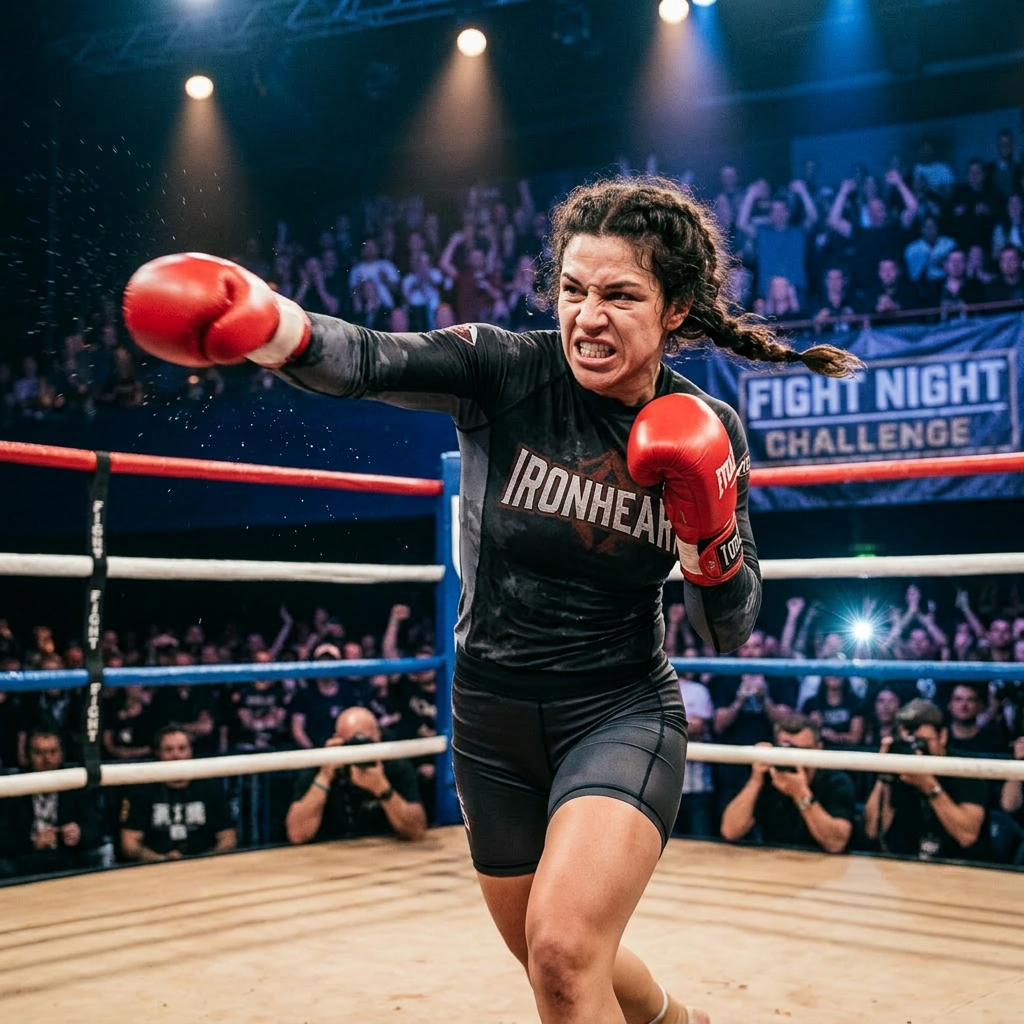 Female boxer in red gloves delivering a punch in the ring during a fight night event.