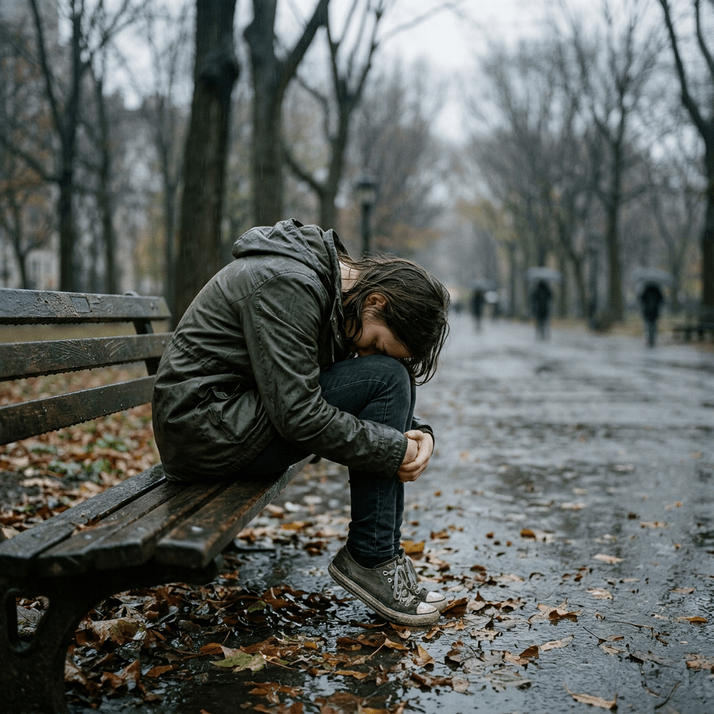 Person sitting on wet park bench with head down during rain