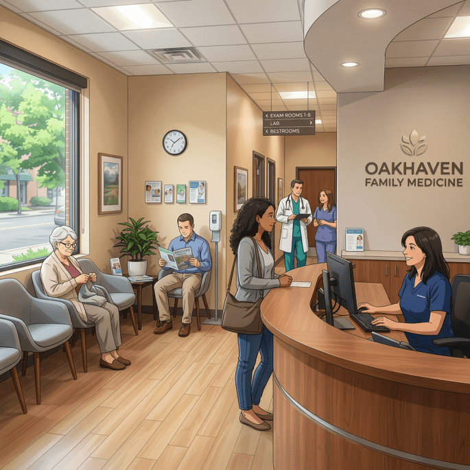 Oakhaven Family Medicine reception with patients, staff, and directional signs