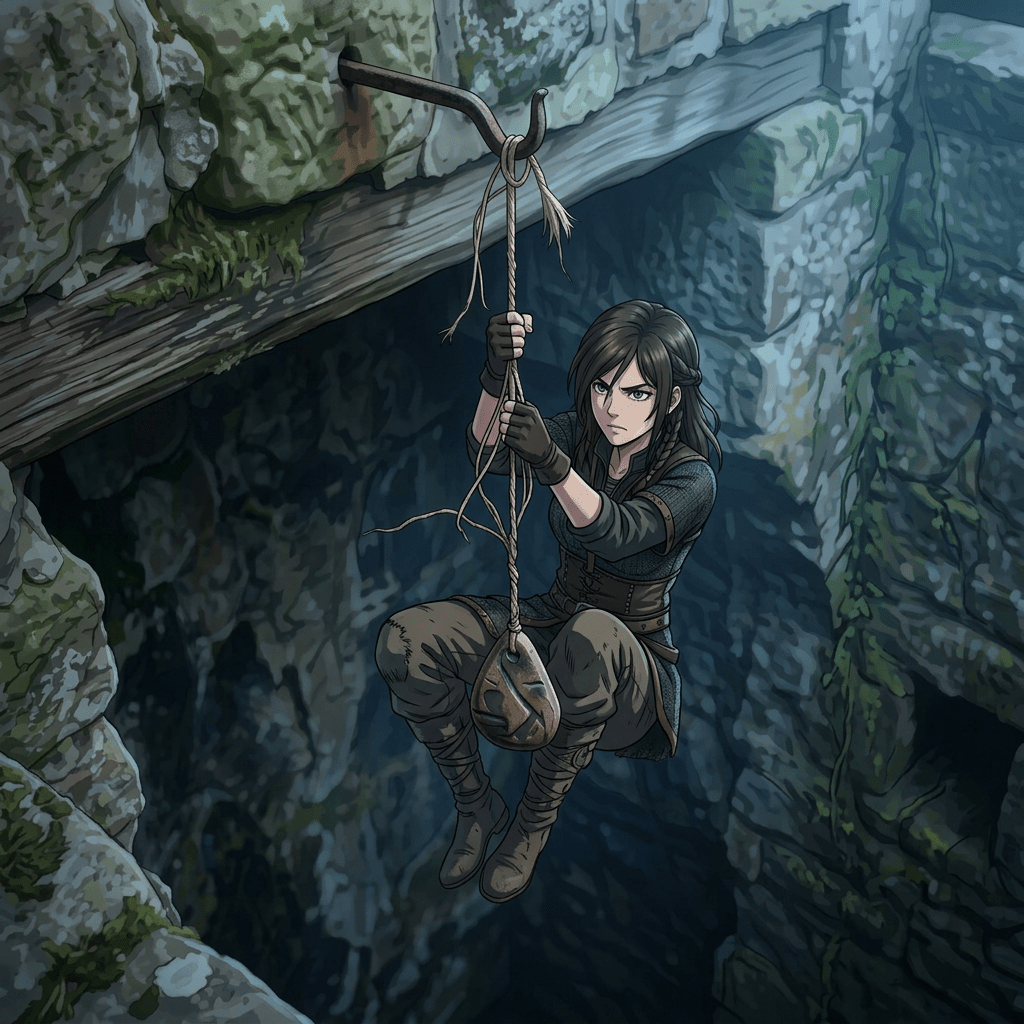 Weathered pendant hanging above a moss-covered stone well