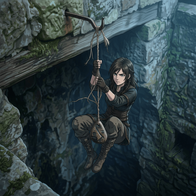 Weathered pendant hanging above a moss-covered stone well