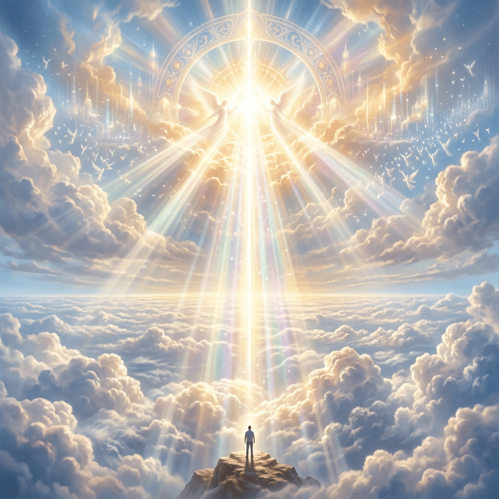 Solitary figure standing beneath radiant celestial gateway above clouds