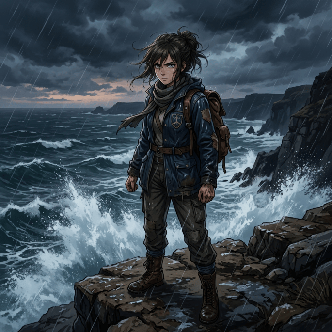 Explorer standing on a rocky coast during a storm