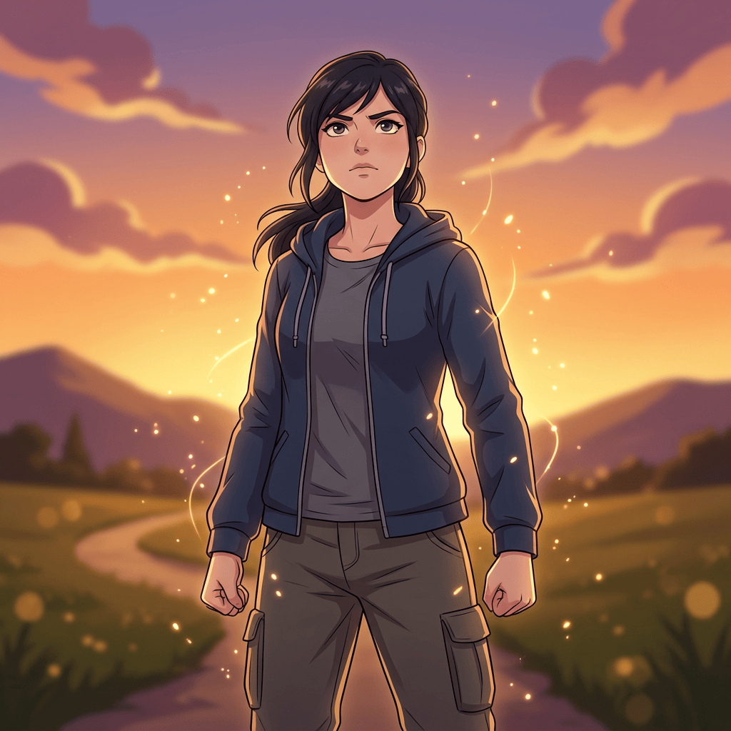 Determined young woman in a hoodie standing on a sunset path