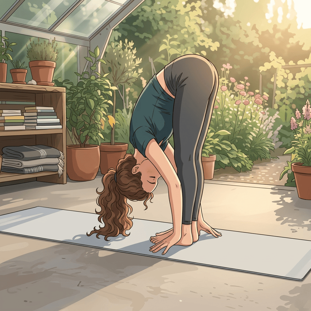 Woman performing a seated forward stretch on a yoga mat in a greenhouse